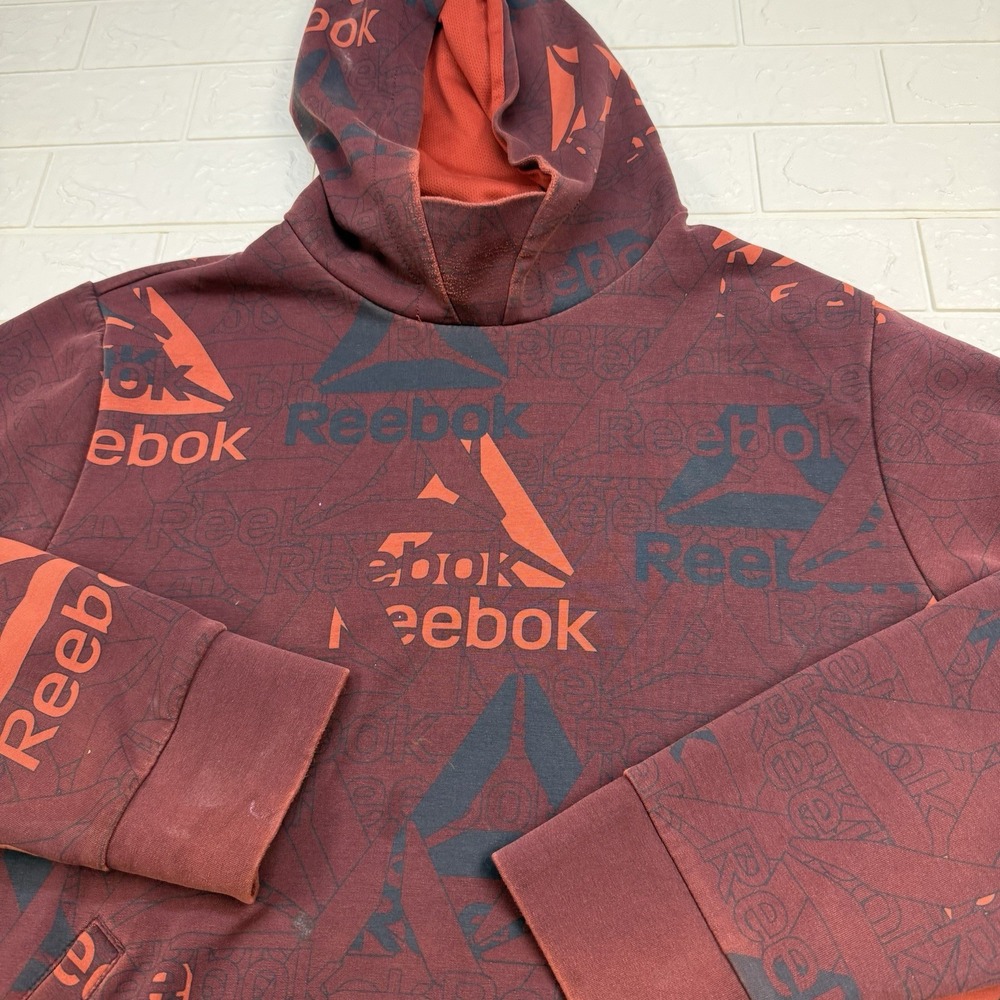 Reebok Hoodie Mens Large Pullover Graphic All Over Print Streetwear Orange L